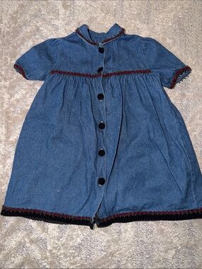 Vintage Blue Denim Button-Front Baby/Toddler Dress with Floral Trim